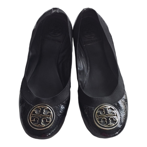Tory Burch Caroline Ballet Flats 6M Black Women Naplak Elastic Patent Leather - Picture 1 of 14